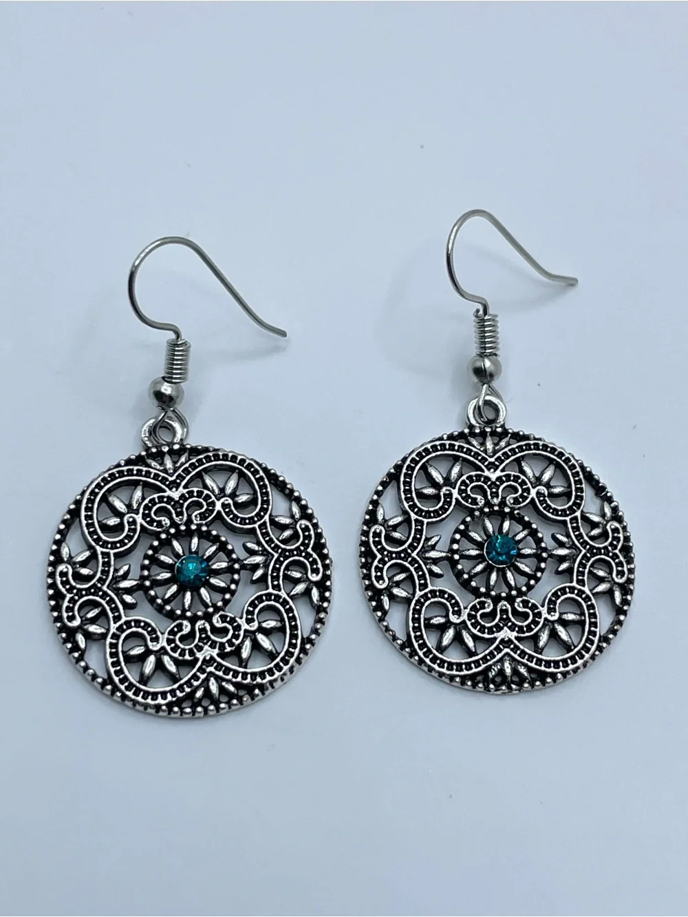 Silver Tone Filigree Dangle Earrings Blue Crystal Boho Vintage Style